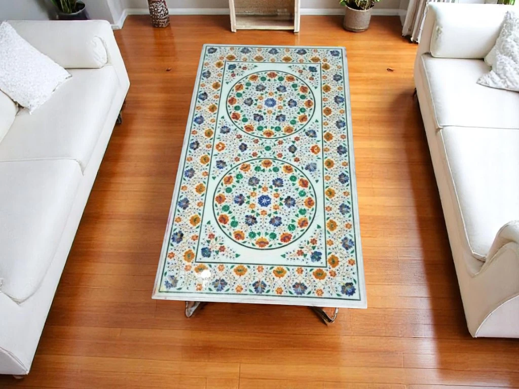 Living Room Sofa Center Table Top - Multi Semi Precious Inlay Gemstone